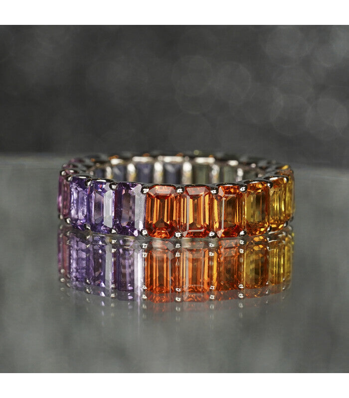 Rainbow Sapphire 5 X 3 Emerald Cut Eternity Ring 