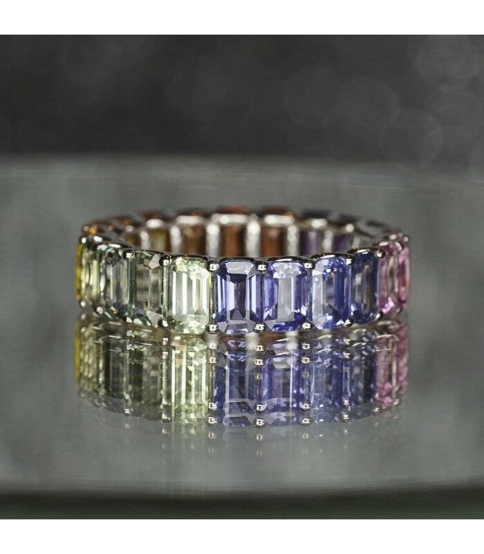 Rainbow Sapphire 5 X 3 Emerald Cut Eternity Ring