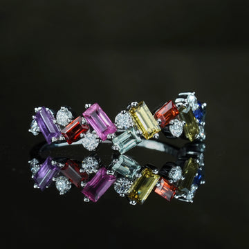 Vivid multi-color 'Firesnap' sapphire/diamond ring in a kaleidoscope design.